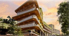 Visualización de torre de departamentos con balcones curvos